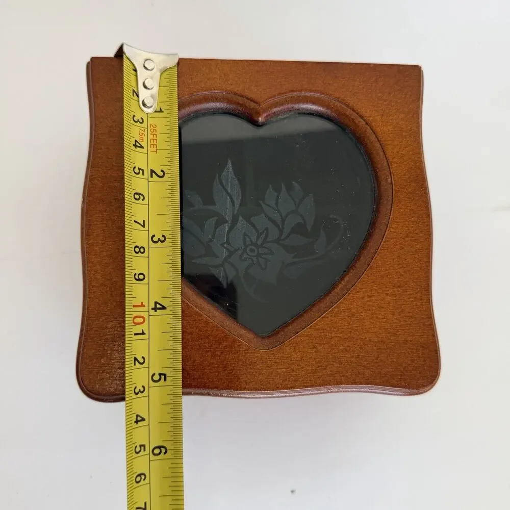Vintage Dark Wood Jewelry Box with heart shaped glass panel